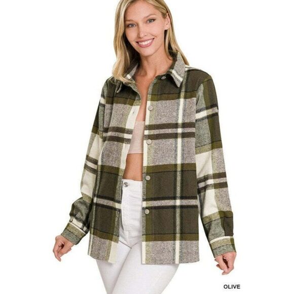 Zenana Outfitters Tops - SALE! Zenana Plaid Flannel Shacket in Olive S-L New QJL-1278Y